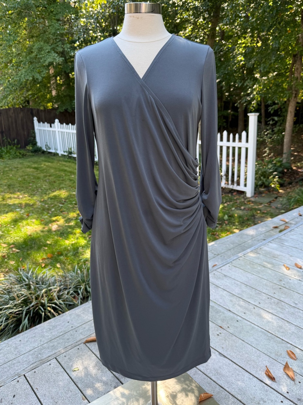 Susan Graver Slate Gray Ruched Wrap-Front Midi Dress